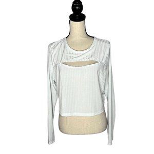 Abound White Ribbed Knit Cutout Long Sleeve Crop Top Women's Plus Size 2X